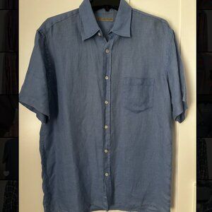 Blue linen button-up shirt | Martin Gordon | Men's L | short sleeve